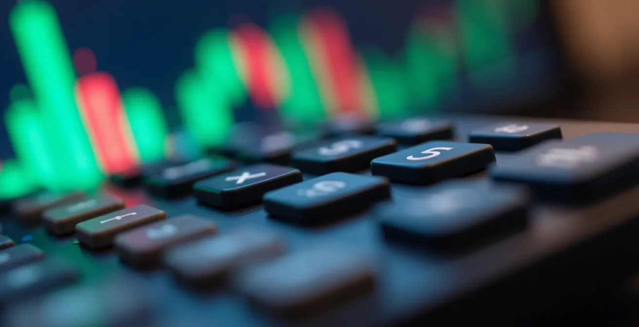 Vue macro d'une calculatrice moderne avec graphiques colorés flous en arrière-plan