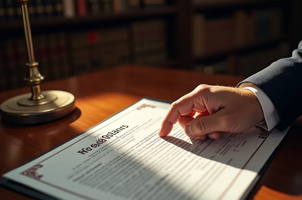 Main tenant un document officiel avec cachet visible, éclairage dramatique sur bureau