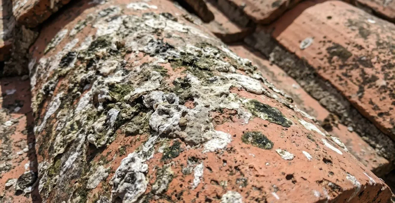 Couche épaisse de fientes de pigeons séchées sur tuiles en terre cuite, montrant détérioration du matériau sous-jacent