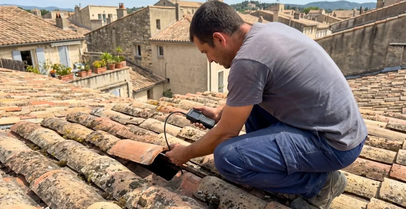 Technicien professionnel inspectant une toiture méditerranéenne en tuiles, de dos, avec matériel de diagnostic